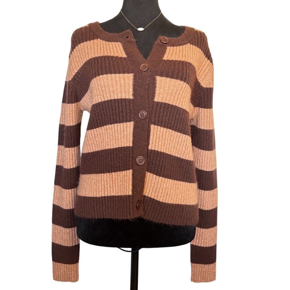 Aster Women's Medium Brown and Tan Ribbed Striped Button-Up Sweater